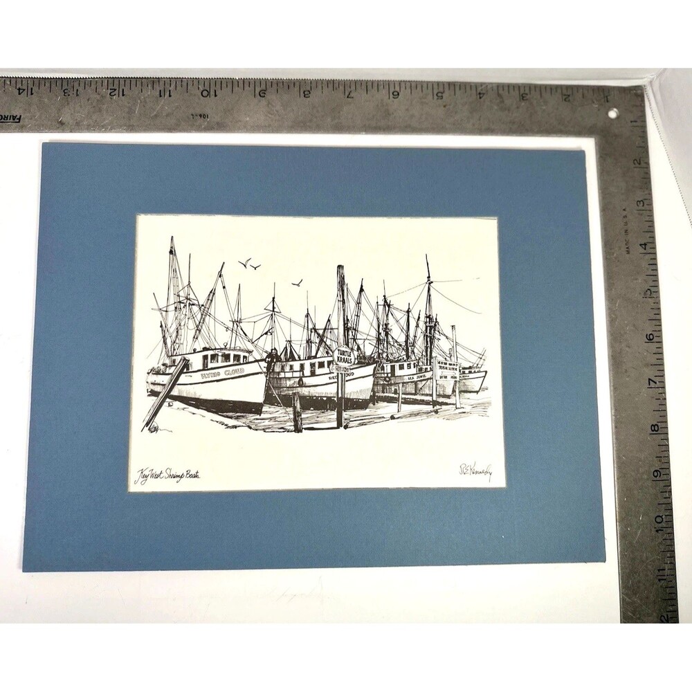 Vtg R E Kennedy 1970s  Ink Etching Shrimp Boats Key West Matted Signed Bio/ COA
